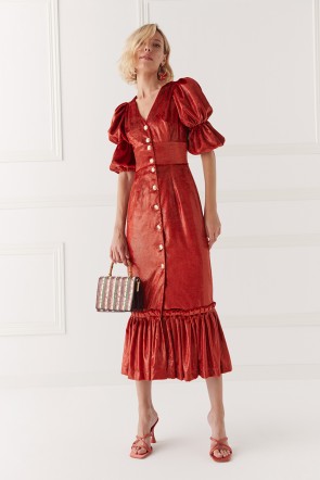 Vestido de fiesta de terciopelo teja con falda midi con volante  invitadas boda  navidad fiesta coctel