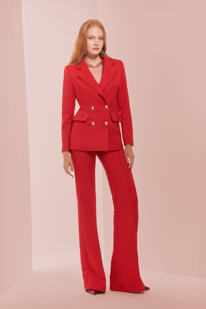 traje de chaqueta y palazzo jacquard brocado rojo con solapa y cuello para boda,  invitada, fiesta, celebracion, coctel, mamá de comunion, graduacion