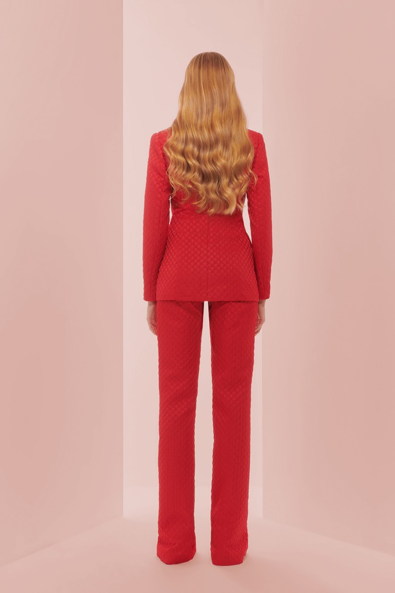 traje de chaqueta brocado rojo con solapa y cuello para boda,  invitada, fiesta, celebracion, coctel, mamá de comunion, graduacion