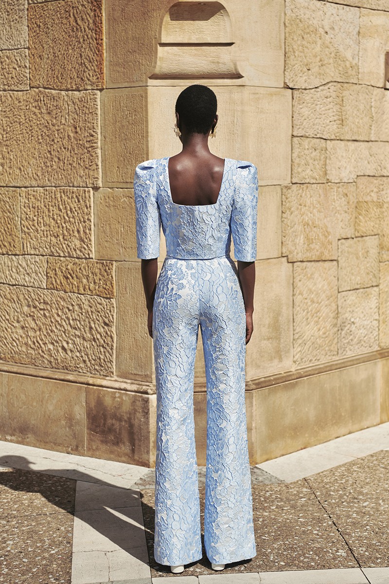 Pantalon palazzo de jacquard brocado azul claro, conjunto para invitada de boda de día, mamá de bautizo y comunión,